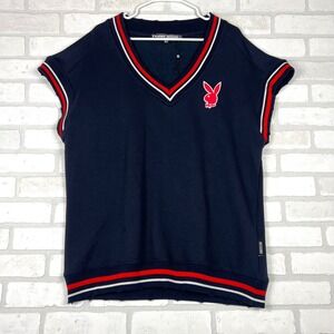 Playboy x Missguided Navy Blue Varsity Sweater Vest Red Bunny Logo Mens US 10